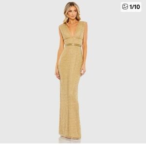 MAC DUGGAL Beaded Cap Sleeve V Neck Column Gown in Gold 4